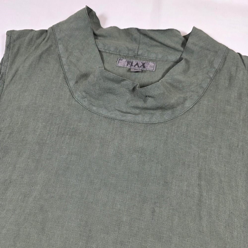 Flax Linen Sleeveless Mock Neck Midi Dress Olive Green Womens Medium Relaxed Fit